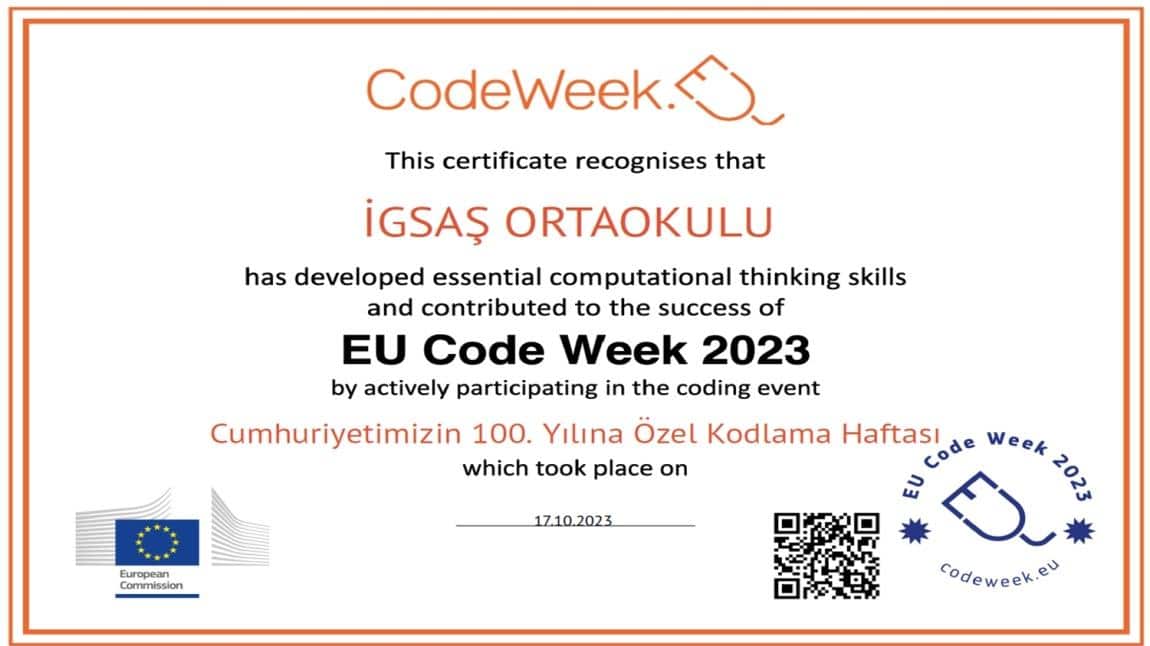2023 Yılı Code Week Katılım Sertifikamız